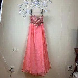 ALYCE ORANGE PINK SILK CHIFFON AND BEADED STRAPLESS GOWN EVENING DRESS SIZE 2 (1